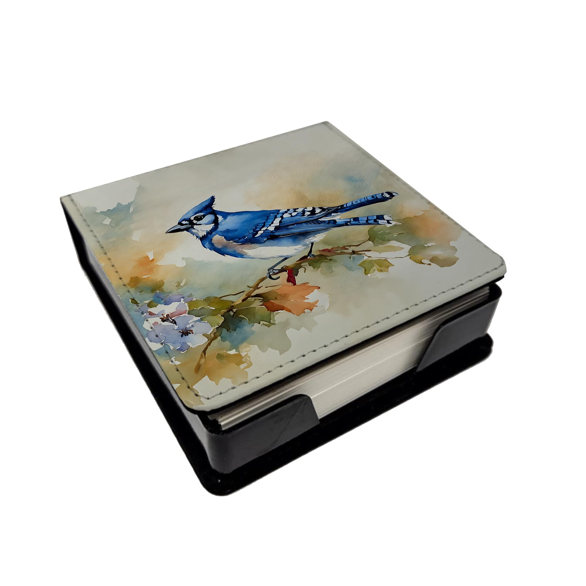 Caroline's Treasures Blue Jay PU Leather Note Paper Holder with Artist-Designed Cover, Desk Accessory, Office Gift