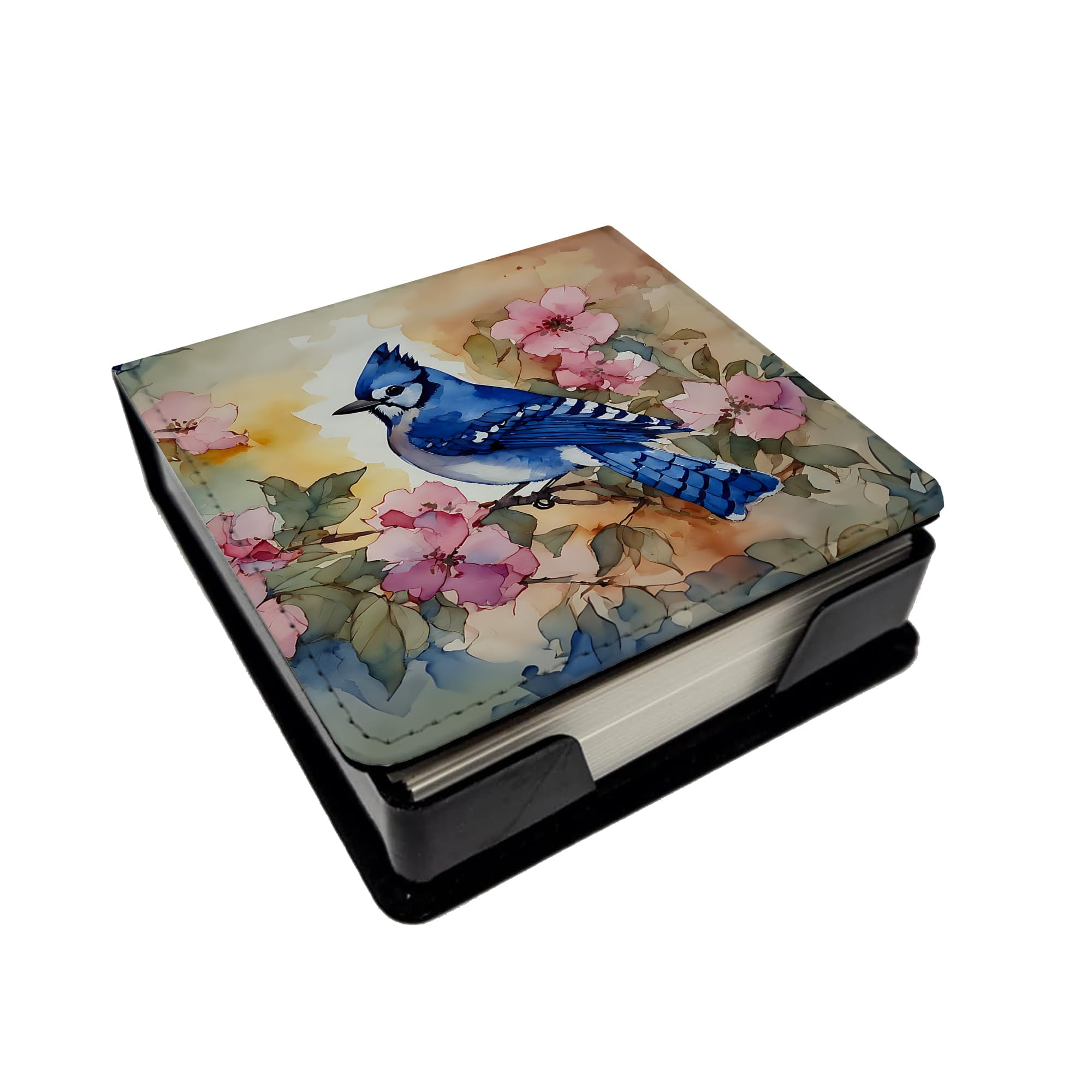 Caroline's Treasures Blue Jay PU Leather Note Paper Holder with Artist-Designed Cover, Desk Accessory, Office Gift