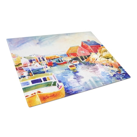 Caroline's Treasures Boats at Harbour with a view Glass Cutting Board Large