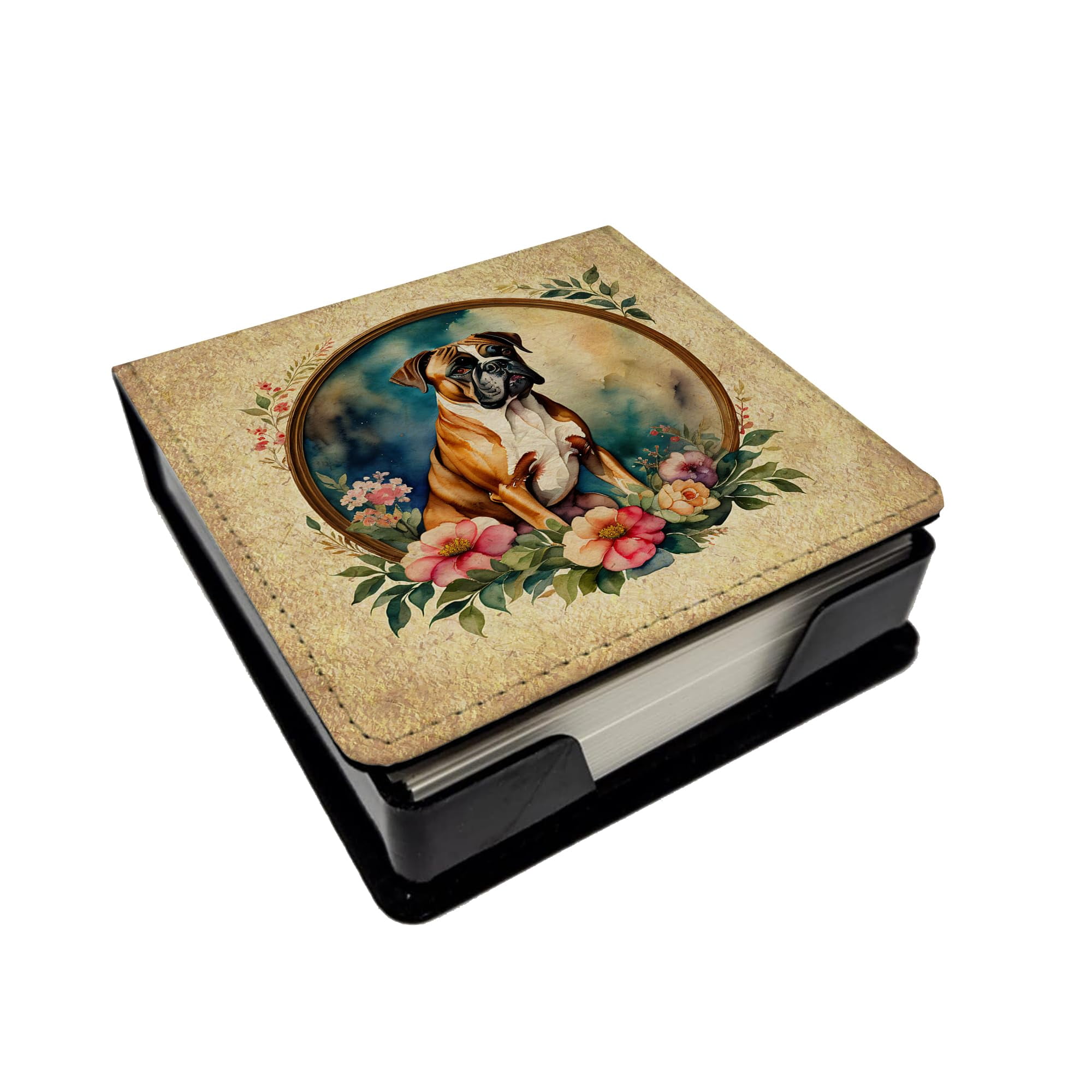 Caroline's Treasures Boxer and Flowers PU Leather Note Paper Holder with Artist-Designed Cover, Desk Accessory, Office Gift