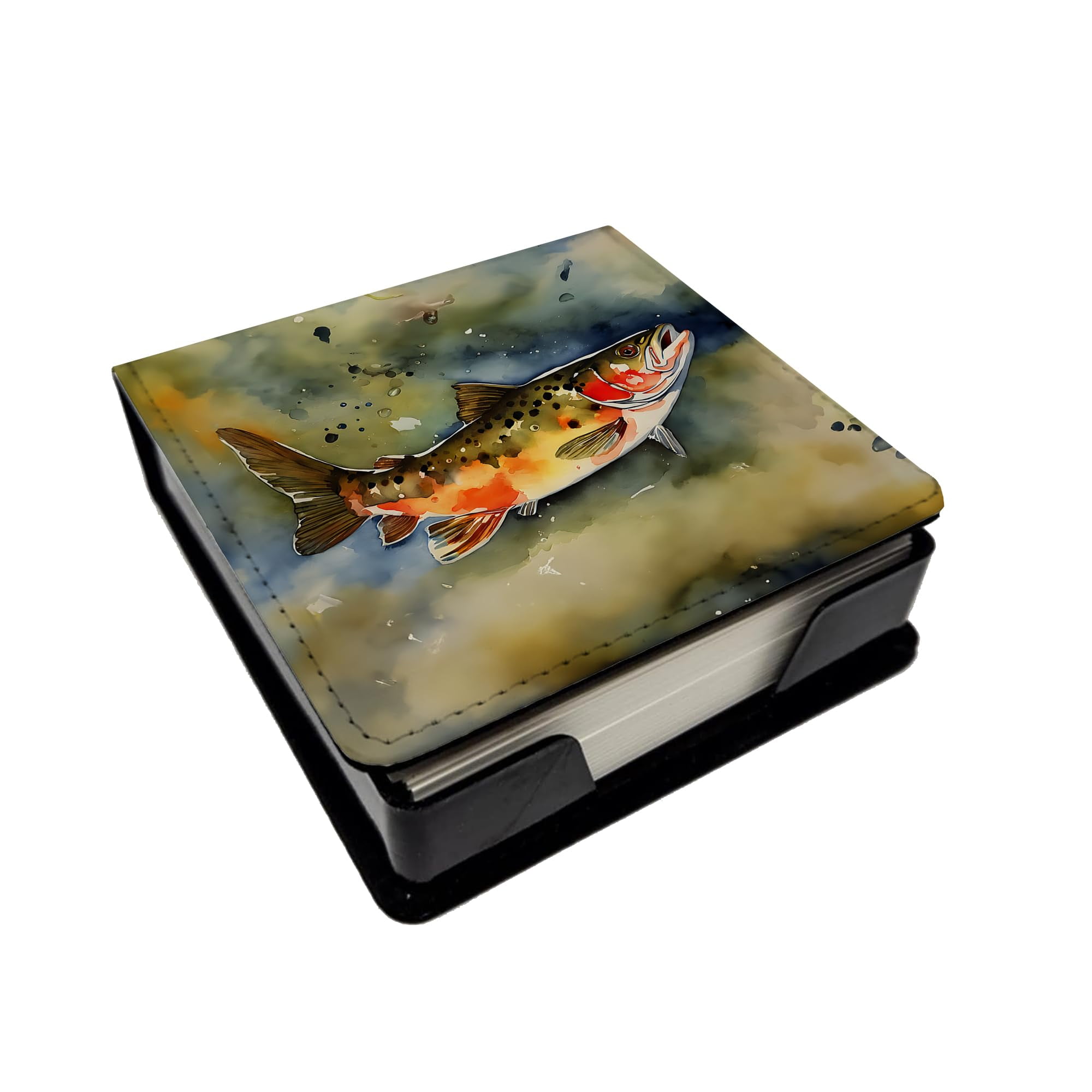 Caroline's Treasures Brook Trout PU Leather Note Paper Holder with Artist-Designed Cover, Desk Accessory, Office Gift