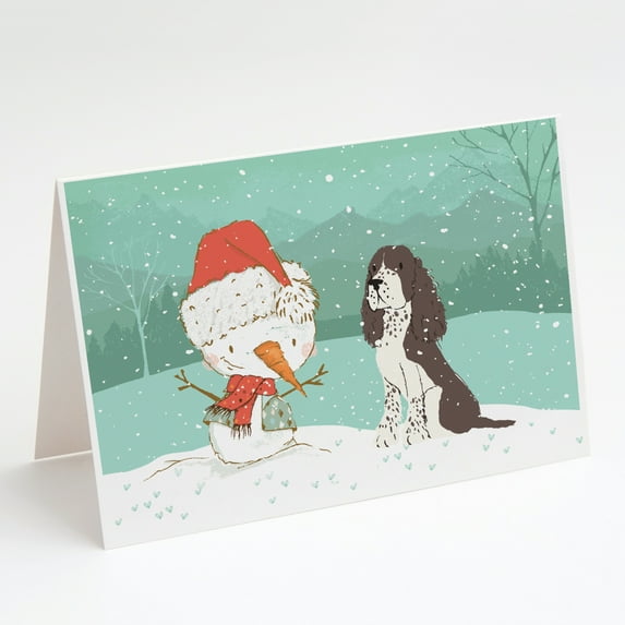 Brown English Springer Spaniel Snowman Christmas Greeting Cards and Envelopes Pack of 8