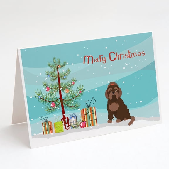 Brown Russian Tsvetnaya Bolonka Lap Dog Christmas Tree Greeting Cards and Envelopes Pack of 8