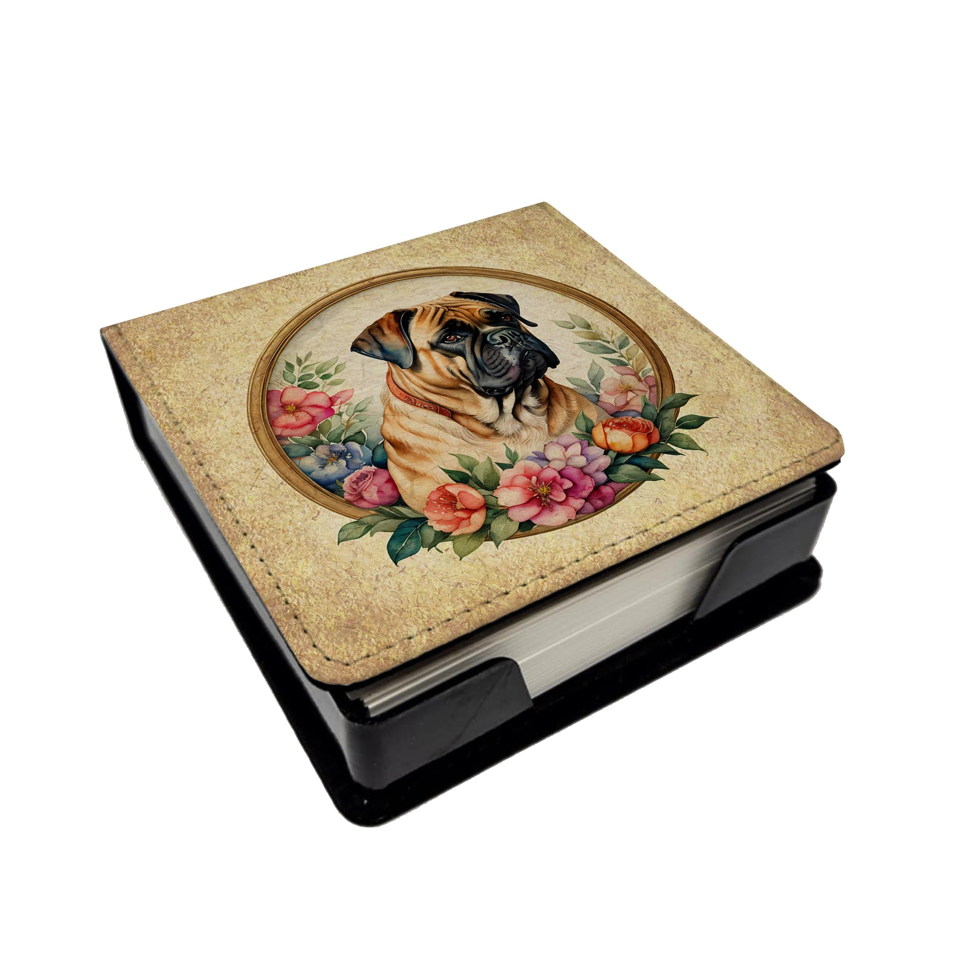 Caroline's Treasures Bullmastiff and Flowers PU Leather Note Paper Holder with Artist-Designed Cover, Desk Accessory, Office Gift