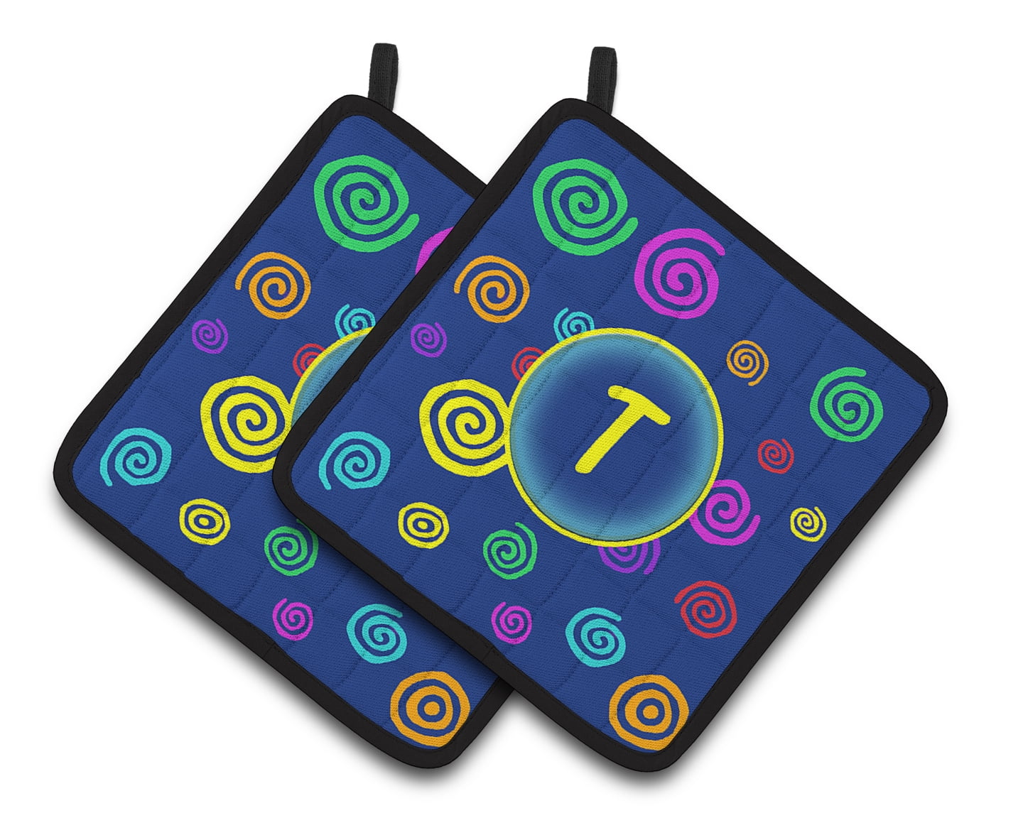 Letter T Initial Monogram - Blue Swirls Pair of Pot Holders