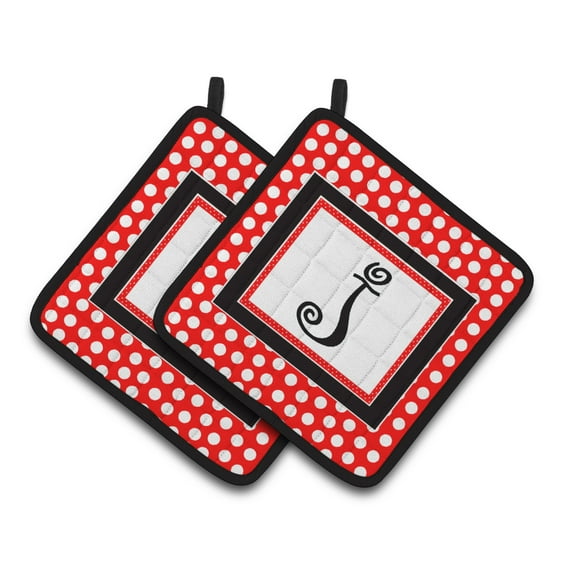 Letter J Initial Monogram Red Black Polka Dots Pair of Pot Holders