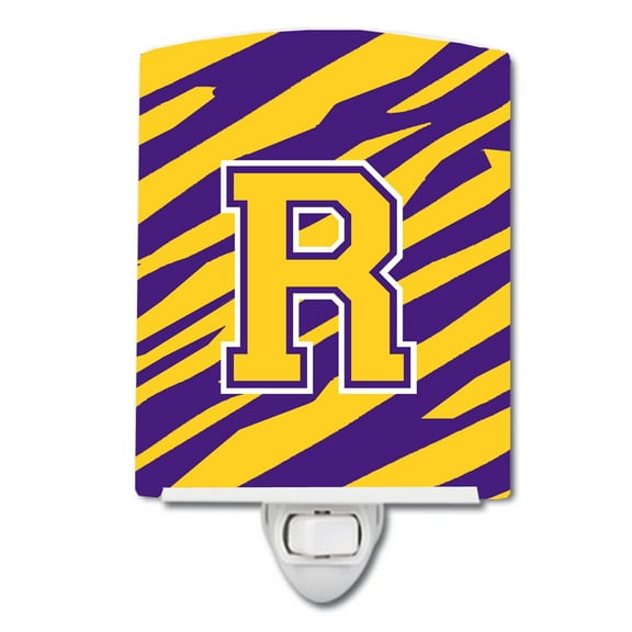 Letter R Monogram - Tiger Stripe - Purple Gold Ceramic Night Light