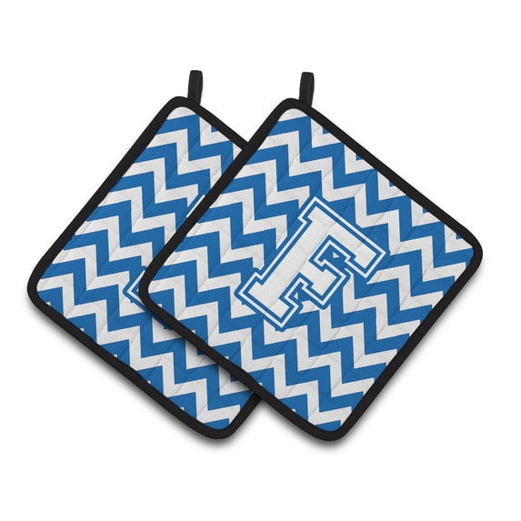 Letter F Chevron Blue and White Pair of Pot Holders