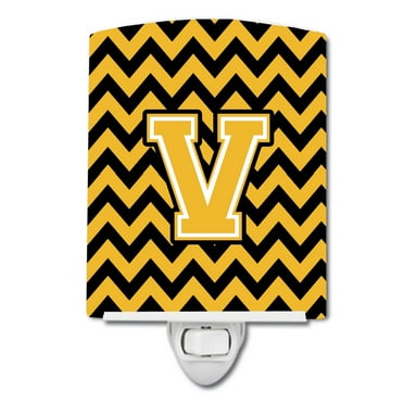 Caroline's Treasures CJ1053-VCNL Letter V Chevron Black and Gold Ceramic Night Light, 6x4x3", multicolor