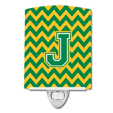 Caroline's Treasures CJ1059-JCNL Letter J Chevron Green and Gold Ceramic Night Light, 6x4x3", multicolor