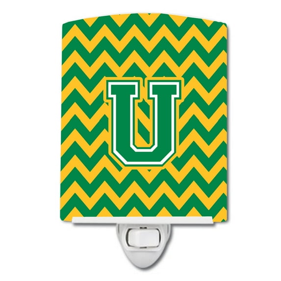 Caroline's Treasures CJ1059-UCNL Letter U Chevron Green and Gold Ceramic Night Light, 6x4x3", multicolor