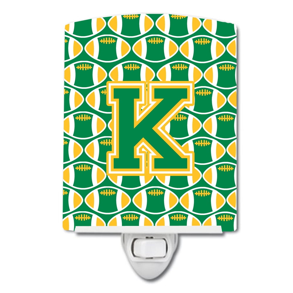 Caroline's Treasures CJ1069-KCNL Letter K Football Green and Gold Ceramic Night Light, 6x4x3", multicolor