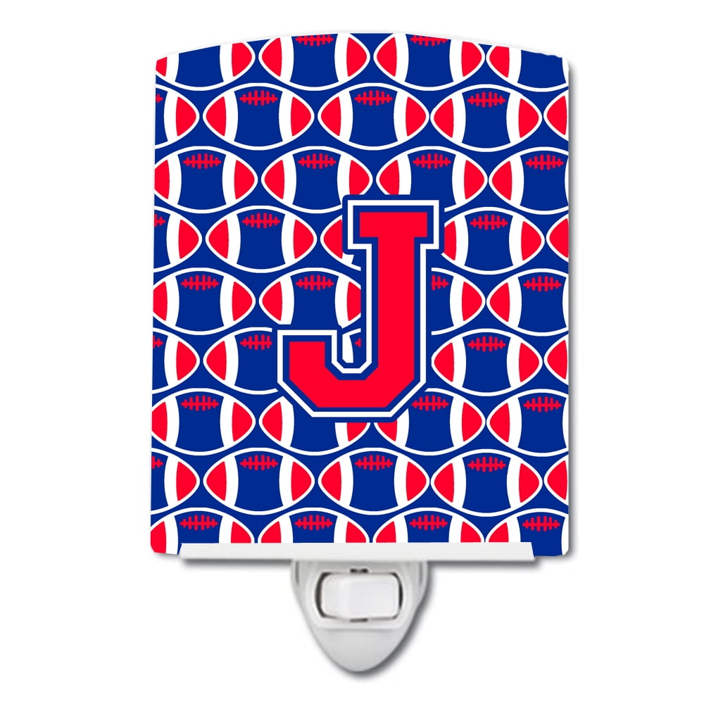 Caroline's Treasures CJ1076-JCNL Letter J Football Harvard Crimson and Yale Blue Ceramic Night Light, 6x4x3", multicolor