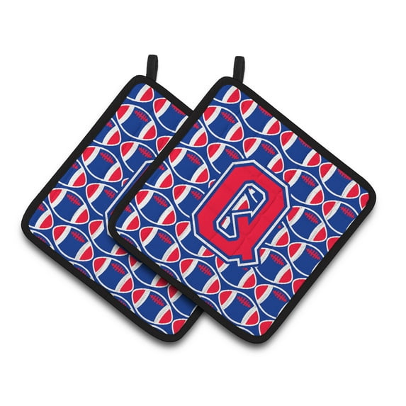 Letter Q Football Harvard Crimson and Yale Blue Pair of Pot Holders