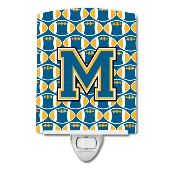 Caroline's Treasures CJ1077-MCNL Letter M Football Blue and Gold Ceramic Night Light, 6x4x3", multicolor