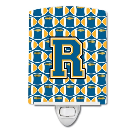 Caroline's Treasures CJ1077-RCNL Letter R Football Blue and Gold Ceramic Night Light, 6x4x3", multicolor
