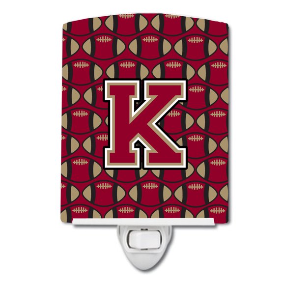 Caroline's Treasures CJ1078-KCNL Letter K Football Garnet and Gold Ceramic Night Light, 6x4x3", multicolor