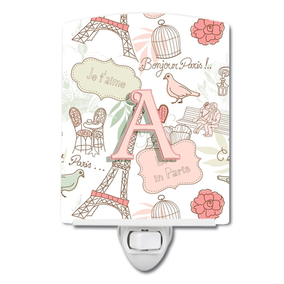 Caroline's Treasures CJ2002-ACNL Letter A Love in Paris Pink Ceramic Night Light, 6x4x3", multicolor