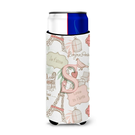 Caroline's Treasures CJ2002-SMUK Letter S Love in Paris Pink Ultra Hugger for slim cans, Slim Can, multicolor