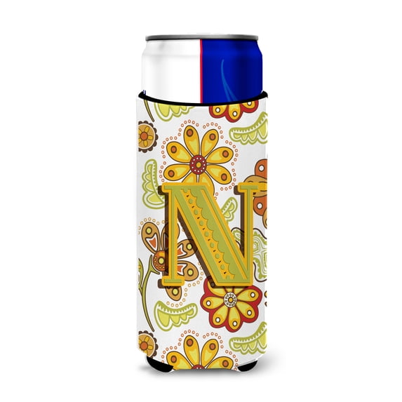 Caroline's Treasures CJ2003-NMUK Letter N Floral Mustard and Green Ultra Hugger for slim cans, Slim Can, multicolor