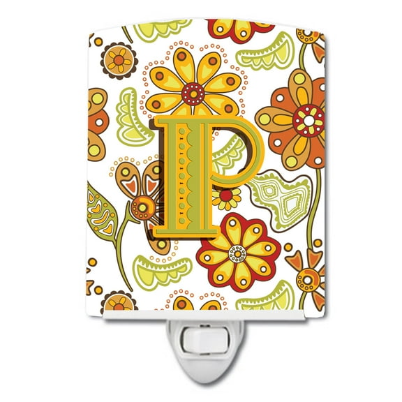 Caroline's Treasures CJ2003-PCNL Letter P Floral Mustard and Green Ceramic Night Light, 6x4x3", multicolor
