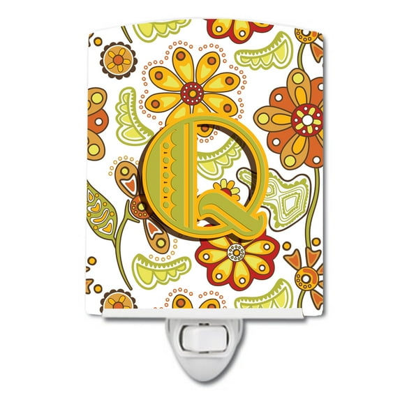 Caroline's Treasures CJ2003-QCNL Letter Q Floral Mustard and Green Ceramic Night Light, 6x4x3", multicolor