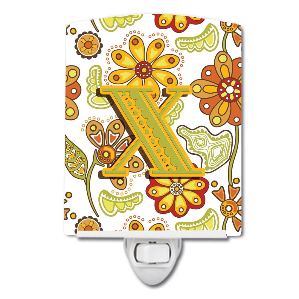 Caroline's Treasures CJ2003-XCNL Letter X Floral Mustard and Green Ceramic Night Light, 6x4x3", multicolor