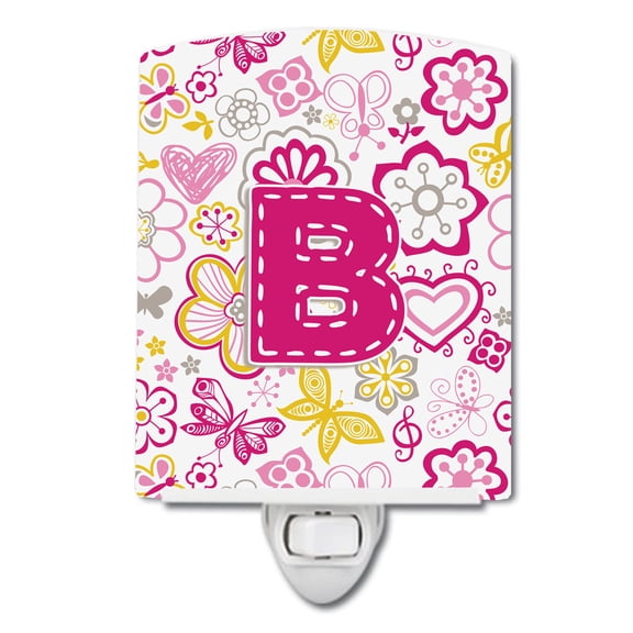Caroline's Treasures CJ2005-BCNL Letter B Flowers and Butterflies Pink Ceramic Night Light, 6x4x3", multicolor
