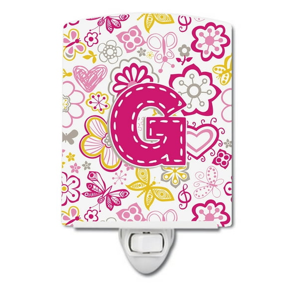 Letter G Flowers and Butterflies Pink Ceramic Night Light