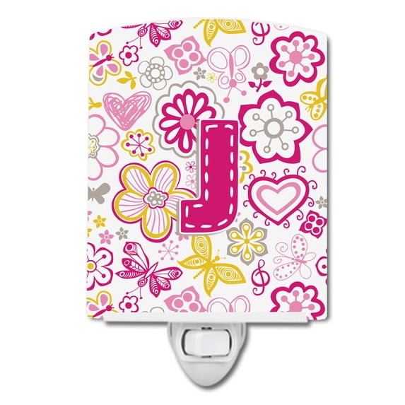 Letter J Flowers and Butterflies Pink Ceramic Night Light