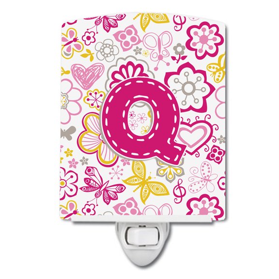 Caroline's Treasures CJ2005-QCNL Letter Q Flowers and Butterflies Pink Ceramic Night Light, 6x4x3", multicolor