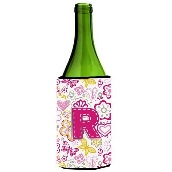 Caroline's Treasures CJ2005-RLITERK Letter R Flowers and Butterflies Pink Wine Bottle Hugger, Wine Bottle, multicolor