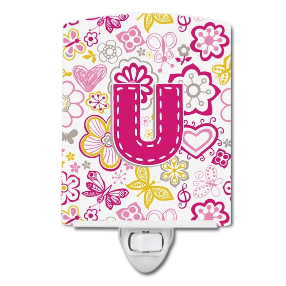 Caroline's Treasures CJ2005-UCNL Letter U Flowers and Butterflies Pink Ceramic Night Light, 6x4x3", multicolor