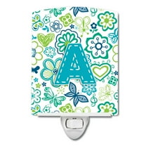 Caroline's Treasures CJ2006-ACNL Letter A Flowers and Butterflies Teal Blue Ceramic Night Light, 6x4x3", multicolor