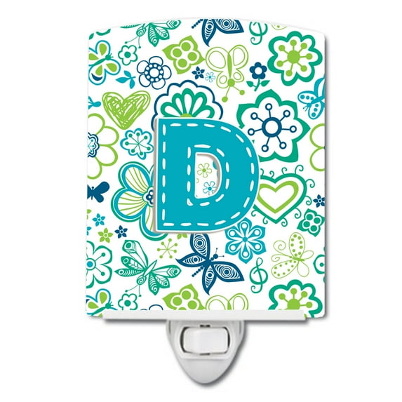 Caroline's Treasures CJ2006-DCNL Letter D Flowers and Butterflies Teal Blue Ceramic Night Light, 6x4x3", multicolor