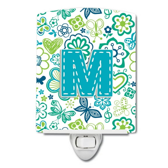 Caroline's Treasures CJ2006-MCNL Letter M Flowers and Butterflies Teal Blue Ceramic Night Light, 6x4x3", multicolor