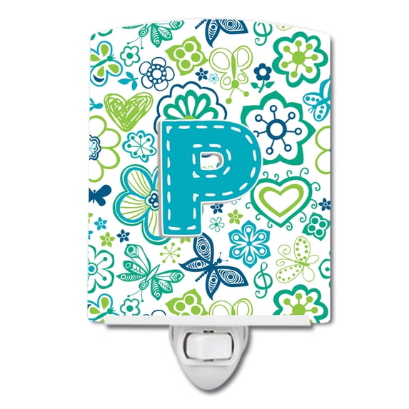 Caroline's Treasures CJ2006-PCNL Letter P Flowers and Butterflies Teal Blue Ceramic Night Light, 6x4x3", multicolor