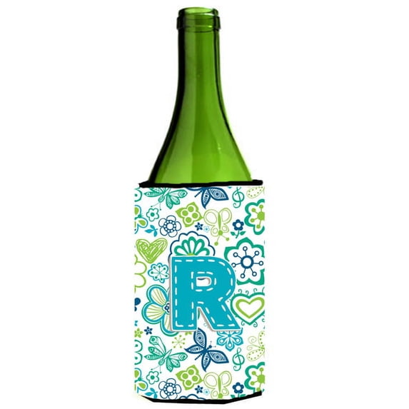Caroline's Treasures CJ2006-RLITERK Letter R Flowers and Butterflies Teal Blue Wine Bottle Hugger, Wine Bottle, multicolor