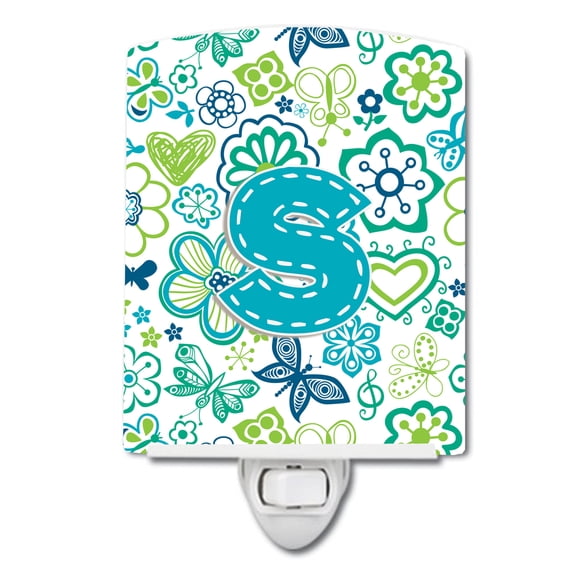 Letter S Flowers and Butterflies Teal Blue Ceramic Night Light