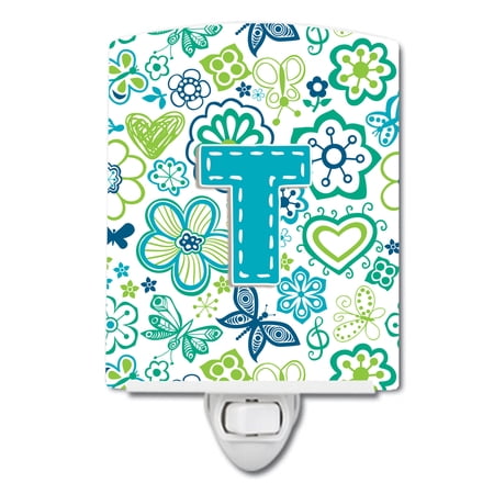 Caroline's Treasures CJ2006-TCNL Letter T Flowers and Butterflies Teal Blue Ceramic Night Light, 6x4x3", multicolor