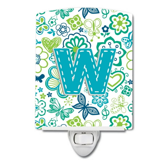 Letter W Flowers and Butterflies Teal Blue Ceramic Night Light