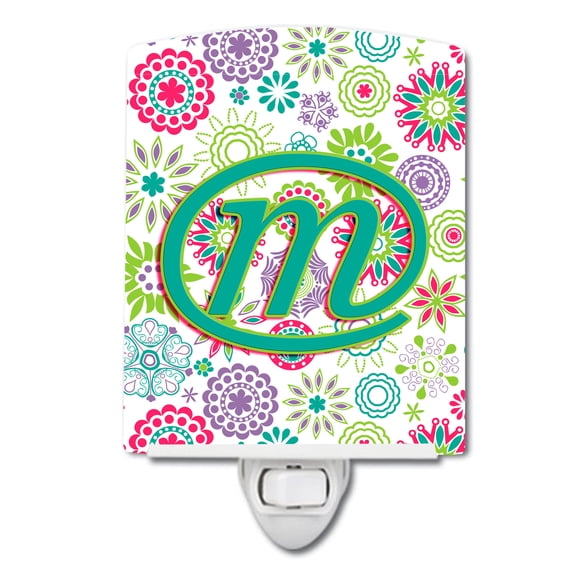 Caroline's Treasures CJ2011-MCNL Letter M Flowers Pink Teal Green Initial Ceramic Night Light, 6x4x3", multicolor