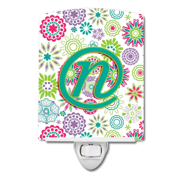 Letter N Flowers Pink Teal Green Initial Ceramic Night Light