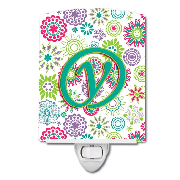 Letter Y Flowers Pink Teal Green Initial Ceramic Night Light