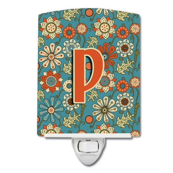 Caroline's Treasures CJ2012-PCNL Letter P Flowers Retro Blue Ceramic Night Light, 6x4x3", multicolor