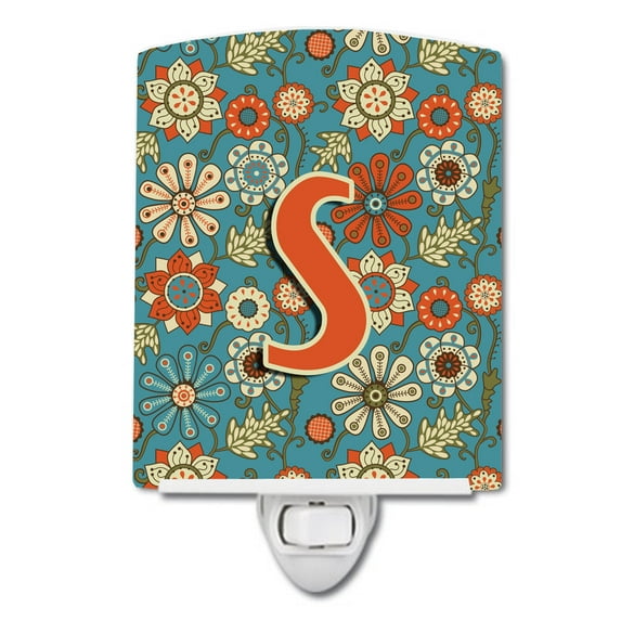 Letter S Flowers Retro Blue Ceramic Night Light