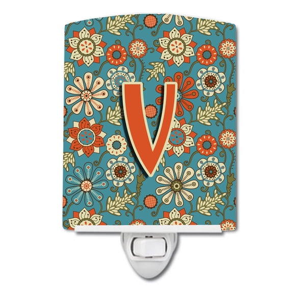Caroline's Treasures CJ2012-VCNL Letter V Flowers Retro Blue Ceramic Night Light, 6x4x3", multicolor