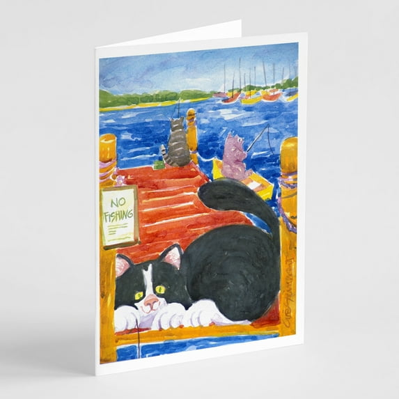 Cat Fishing from the dock Greeting Cards and Envelopes Pack of 8