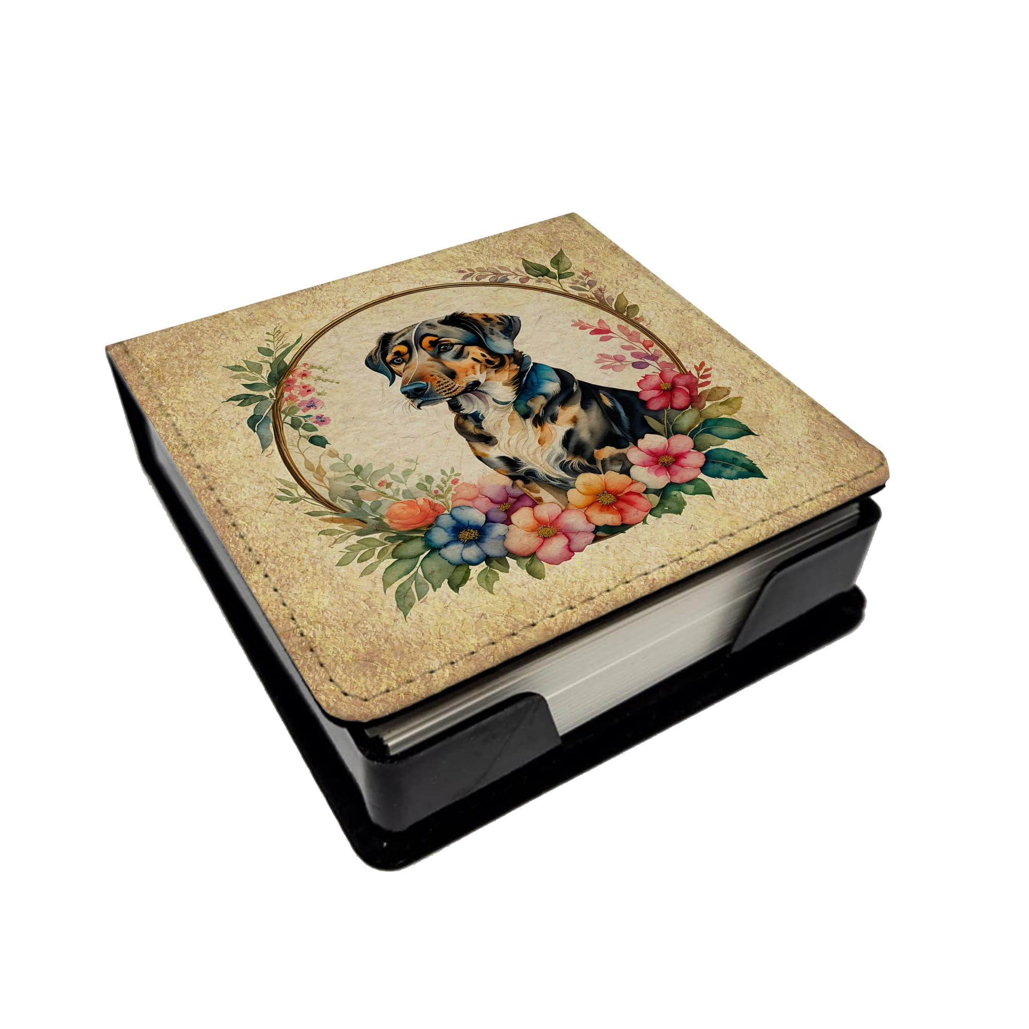 Caroline's Treasures Catahoula Leopard Dog and Flowers PU Leather Note Paper Holder with Artist-Designed Cover, Desk Accessory, Office Gift