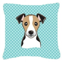 Carolines Treasures BB1199PW1818 Checkerboard Blue Jack Russell Terrier Fabric Decorative Pillow- 18 x 18 In.